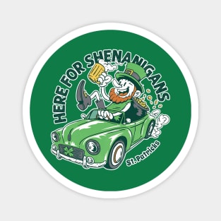 Here for Shenanigans Leprechaun Driving Car for St Patrick's Day Magnet